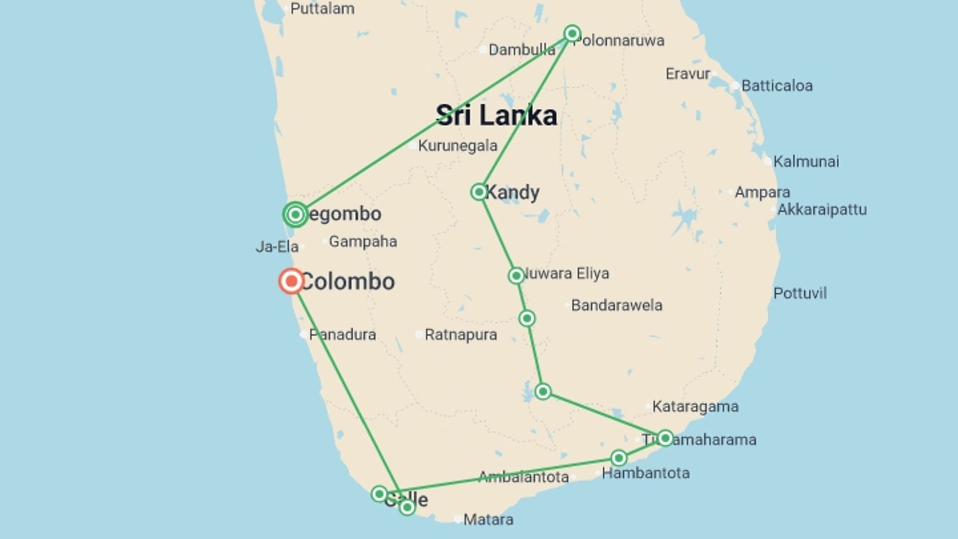 A map showing the tour itinerary for the trip: Cycle Sri Lanka, starting in Negombo, Sri Lanka and ending in Colombo, Sri Lanka going through 9 other destinations.