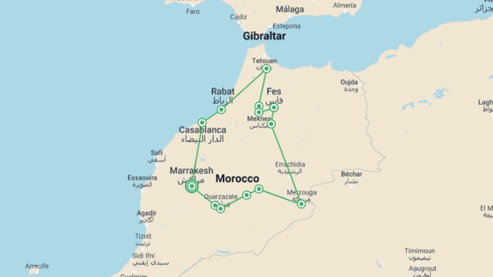 A map showing the tour itinerary for the trip: Best 8 Days Morocco Sahara tour & Imperial Cities, starting in Marrakech, Morocco and ending in Marrakech, Morocco going through 10 other destinations.