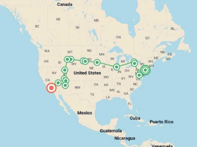 Map itinerary of Washington D.C. Tour in July 2026 with 15 destination visits for the trip: New York to Hollywood