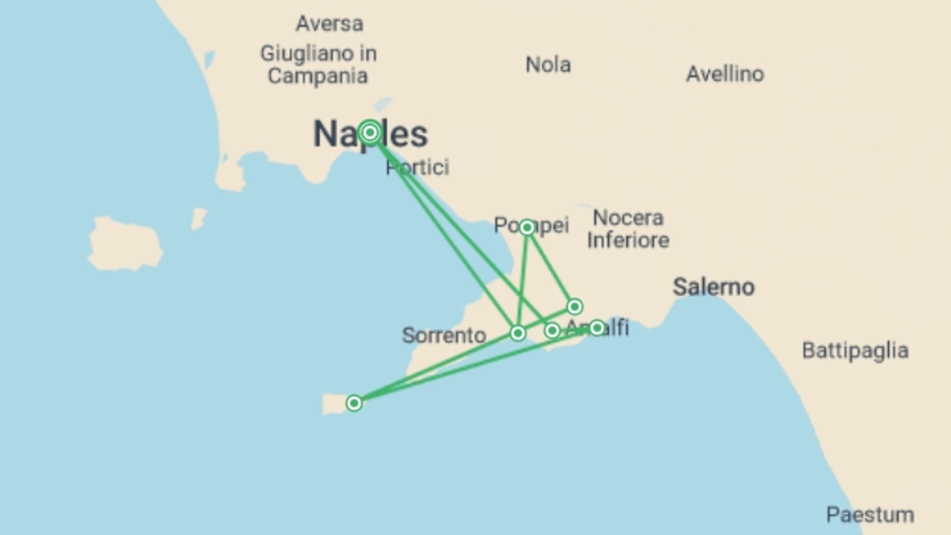 A map showing the tour itinerary for the trip: Amalfi Coast Walking - Agriturismo, starting in Naples, Italy and ending in Naples, Italy going through 6 other destinations.