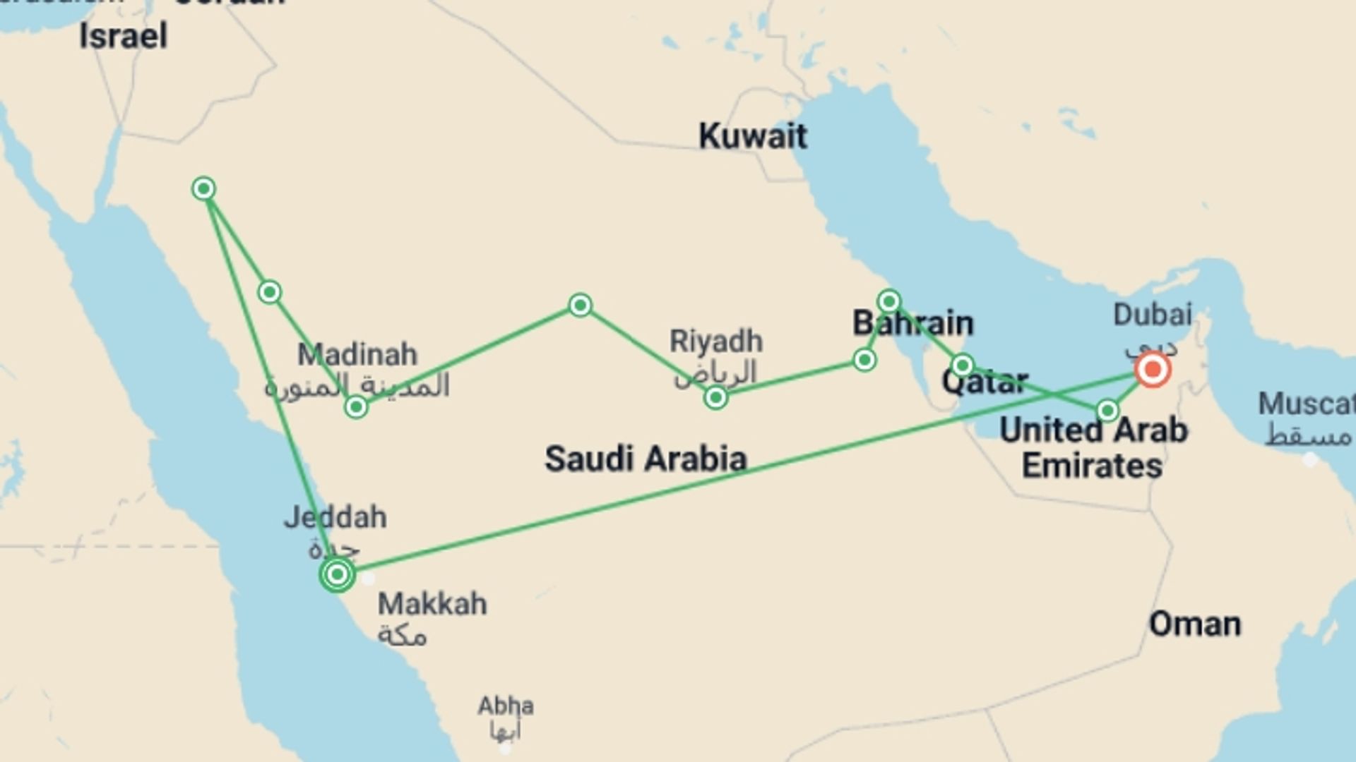 A map showing the tour itinerary for the trip: A Journey Through the Persian Gulf and Arabian Mysteries, starting in Jeddah, Saudi Arabia and ending in Dubai, UAE going through 9 other destinations.