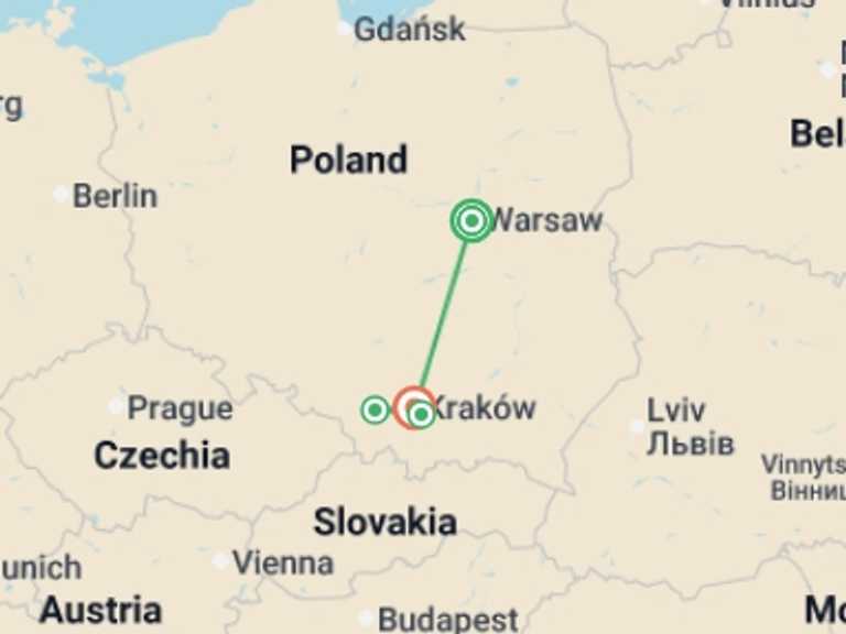 Map of Europe Tour with 4 destination visits for the trip: Highlights of Poland