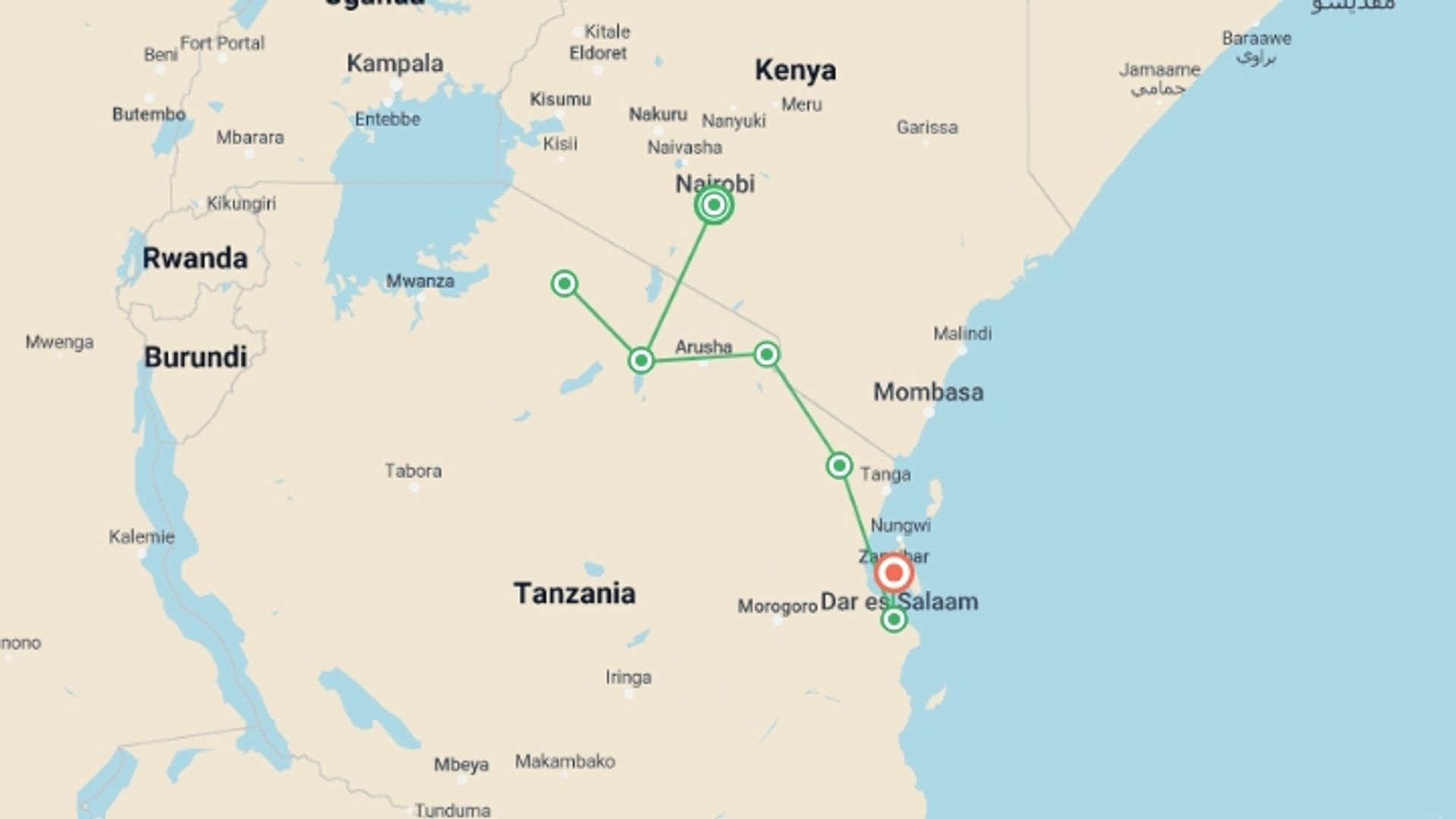 A map showing the tour itinerary for the trip: Road to Zanzibar, starting in Nairobi, Kenya and ending in Zanzibar, Tanzania going through 6 other destinations.