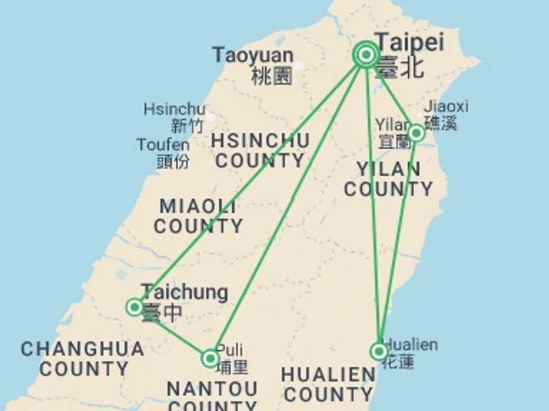 Map itinerary of East Asia Tour in May 2027 with 5 destination visits for the trip: Explore Taiwan