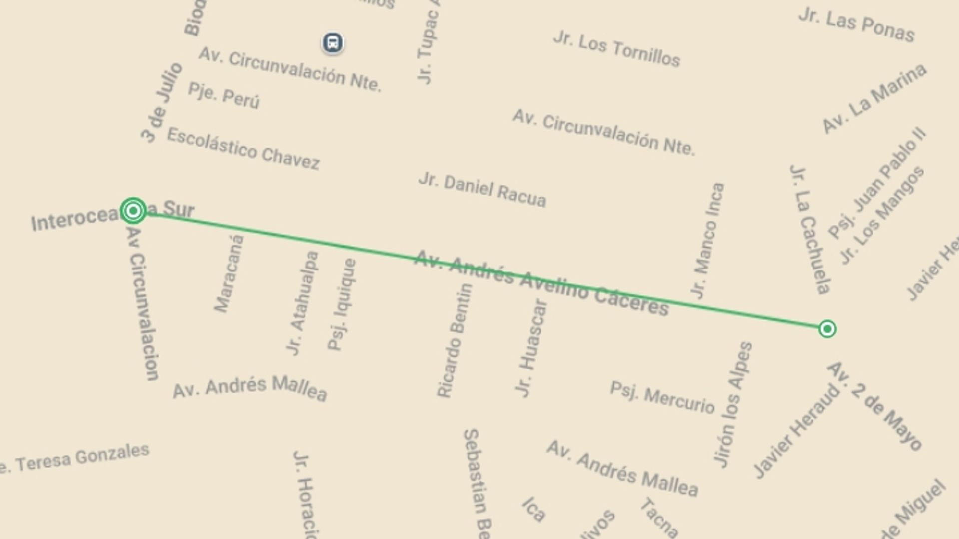A map showing the tour itinerary for the trip: G Lodge Amazon - 4 Day Independent Adventure, starting in Puerto Maldonado, Peru and ending in Puerto Maldonado, Peru going through 2 other destinations.