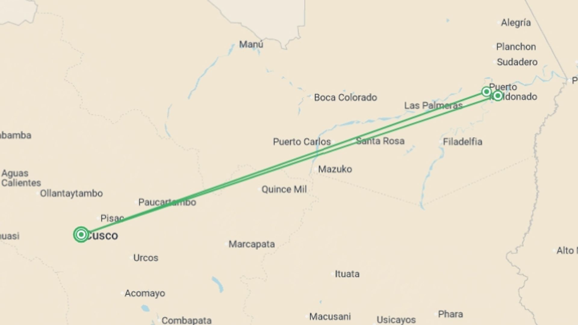A map showing the tour itinerary for the trip: Puerto Maldonado Amazon Eco-Lodge 6D/5N (from Cuzco), starting in Cusco, Peru and ending in Cusco, Peru going through 2 other destinations.