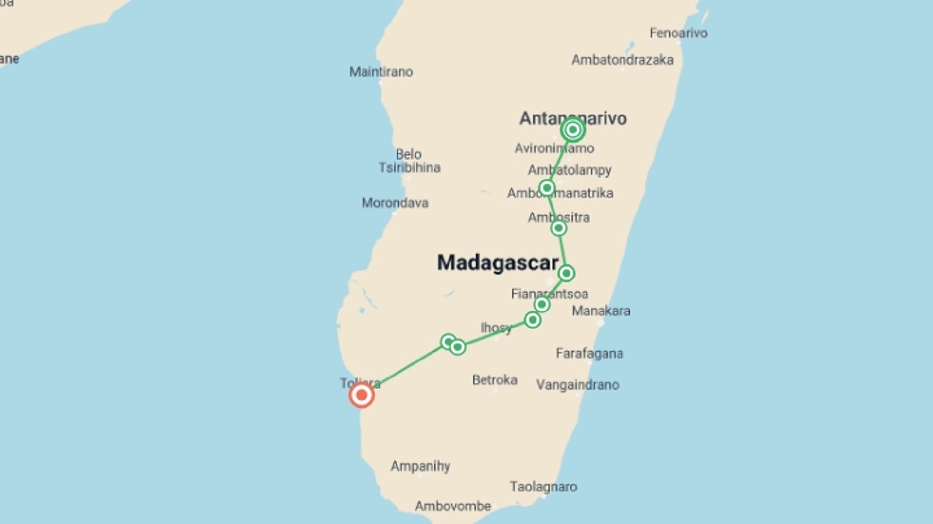 A map showing the tour itinerary for the trip: Bike and Hike Wild Madagascar, starting in Antananarivo, Madagascar and ending in Toliara, Madagascar going through 7 other destinations.