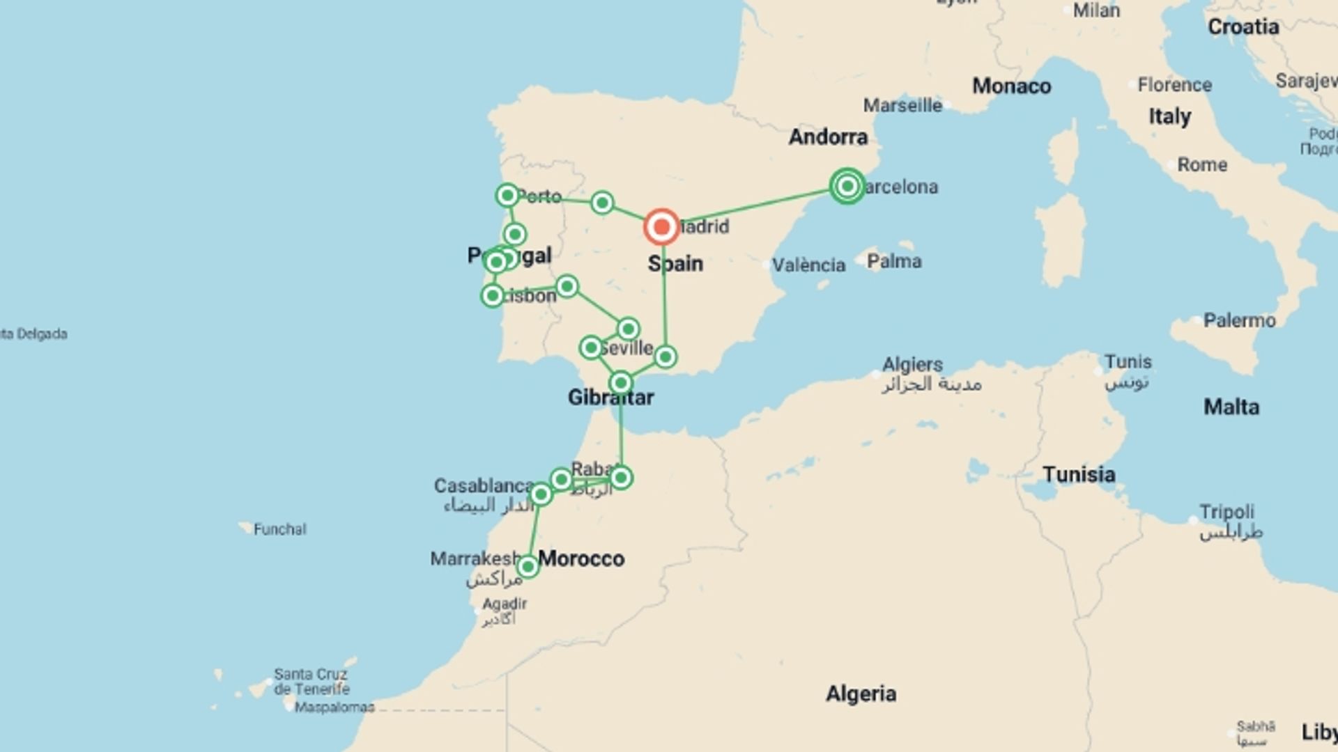 A map showing the tour itinerary for the trip: Spain, Portugal and Morocco Panorama (Superior) - 22 days , starting in Barcelona, Spain and ending in Madrid, Spain going through 10 other destinations.