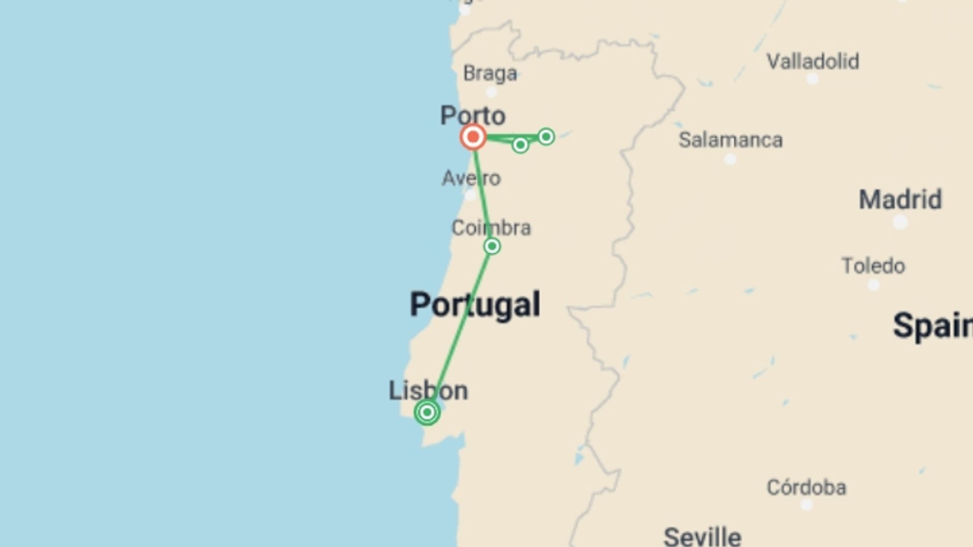 A map showing the tour itinerary for the trip: Discover Lisbon, Porto and the Douro Valley (port-to-port cruise), starting in Lisbon, Portugal and ending in Porto, Portugal going through 3 other destinations.