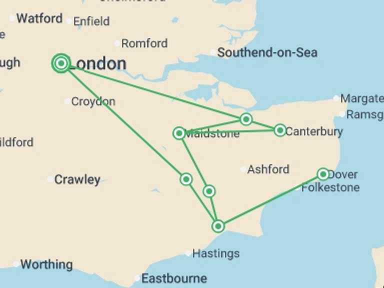 Map itinerary of London Tour in October 2026 with 4 destination visits for the trip: Kent: the Garden of England