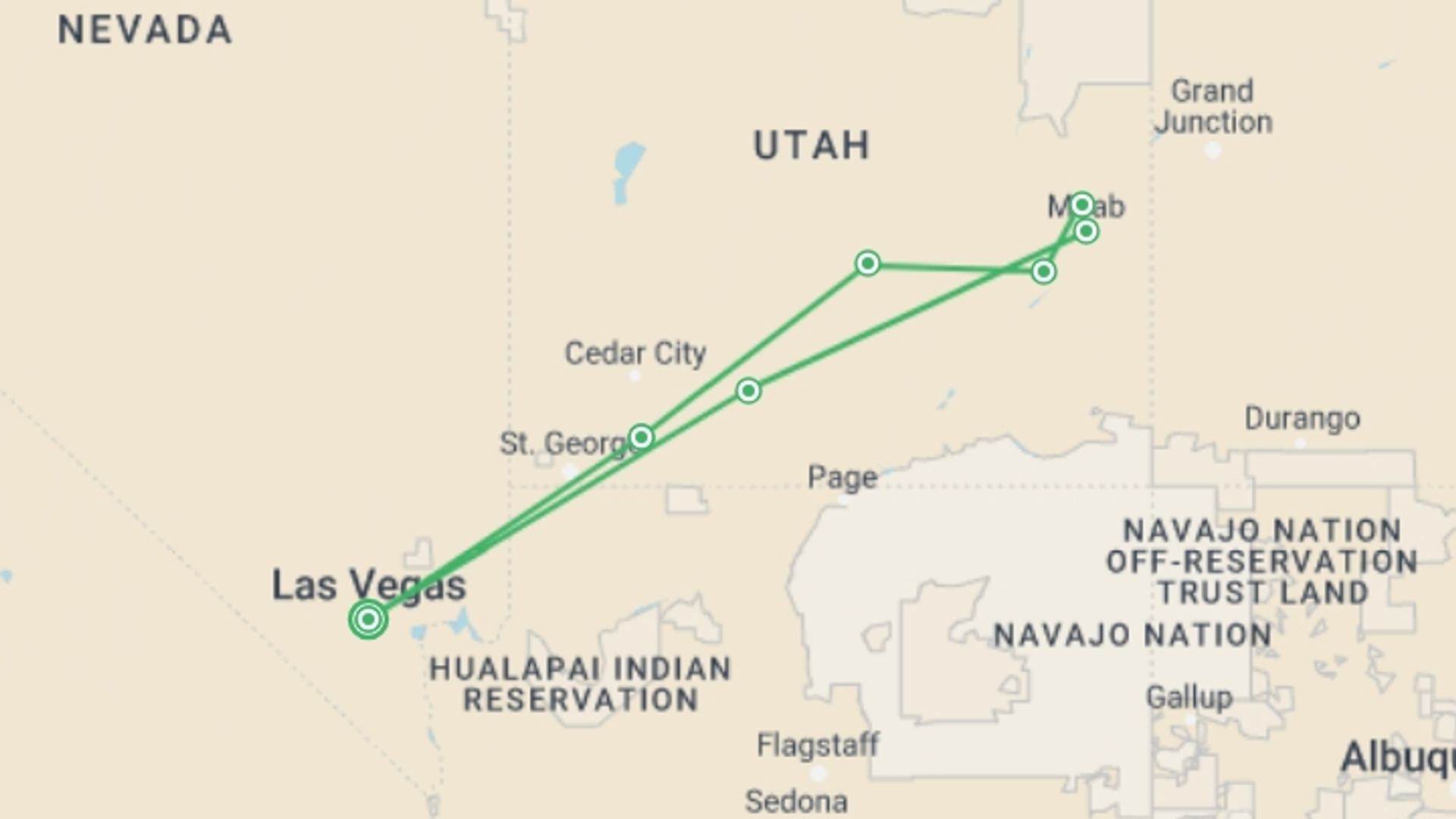 A map showing the tour itinerary for the trip: Hiking Utah's Mighty 5, starting in Las Vegas, USA and ending in Las Vegas, USA going through 6 other destinations.
