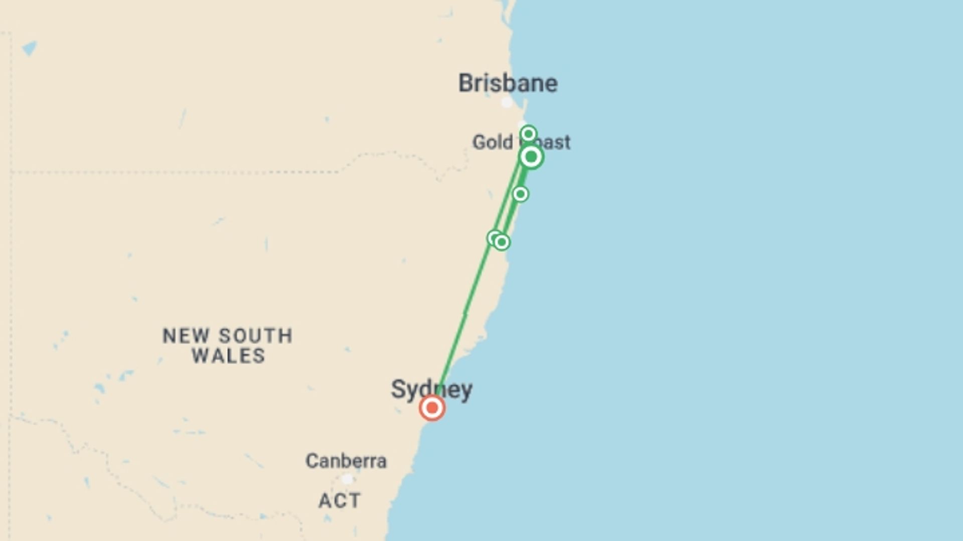 A map showing the tour itinerary for the trip: Sydney to Brisbane Adventure, starting in Byron Bay, Australia and ending in Sydney and NSW, Australia going through 5 other destinations.