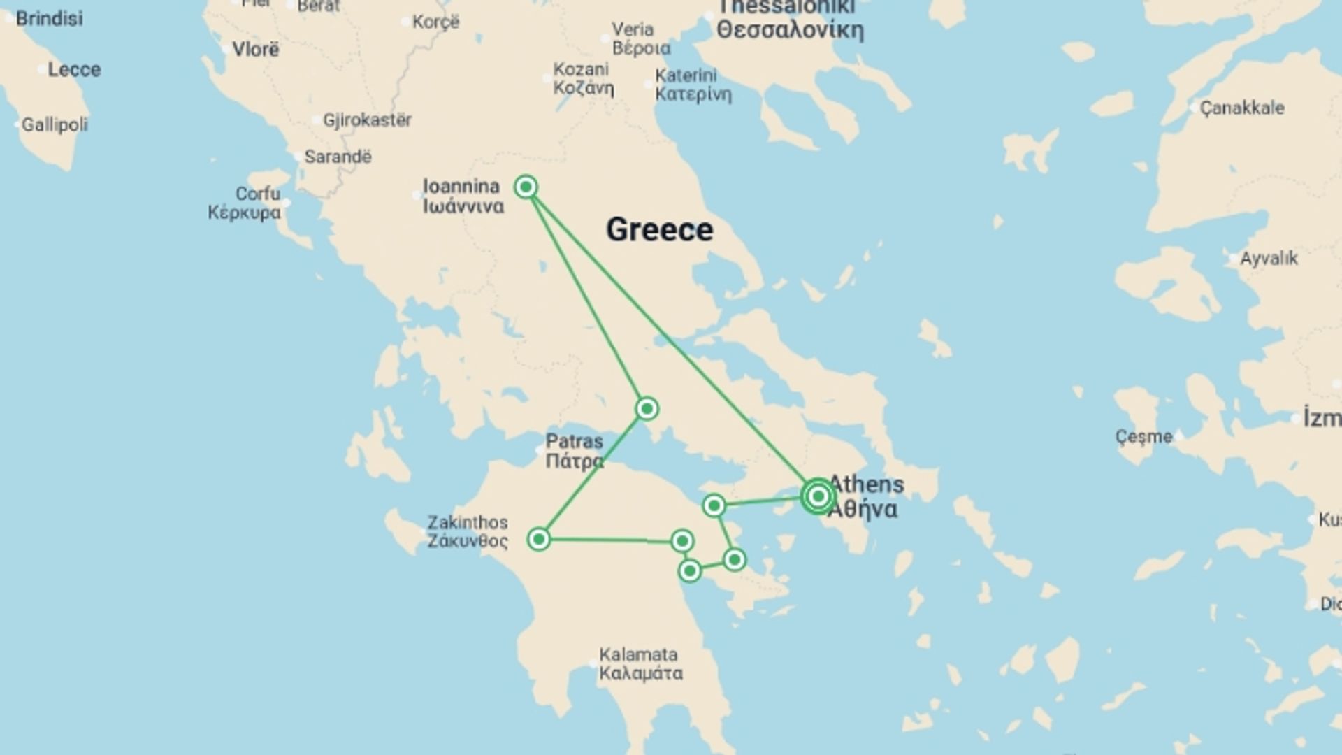 A map showing the tour itinerary for the trip: Classical Greece, Spanish-speaking Guide, starting in Athens, Greece and ending in Athens, Greece going through 3 other destinations.