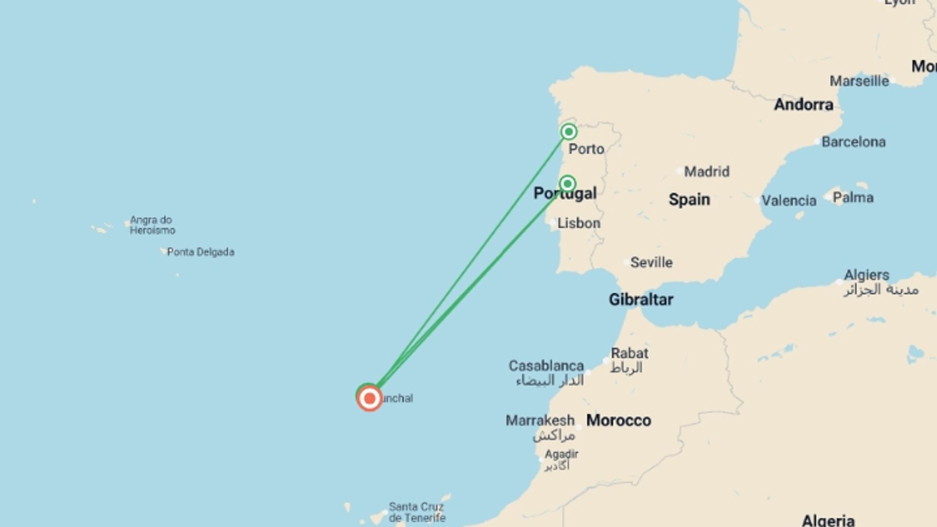 A map showing the tour itinerary for the trip: Walking in Madeira, starting in Madeira, Portugal and ending in Funchal, Portugal going through 5 other destinations.