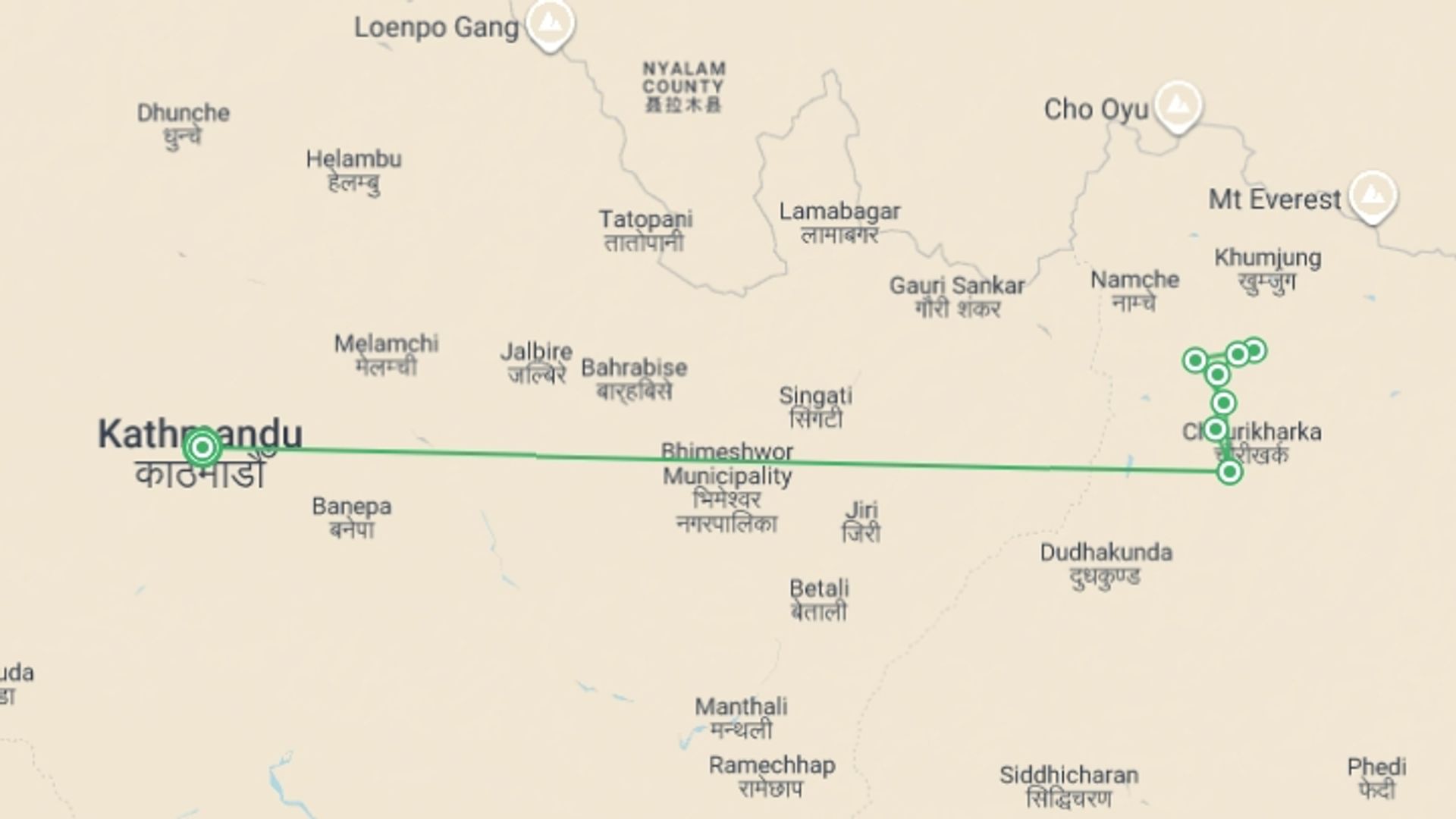 A map showing the tour itinerary for the trip: Everest Treks in Comfort, starting in Kathmandu, Nepal and ending in Kathmandu, Nepal going through 7 other destinations.