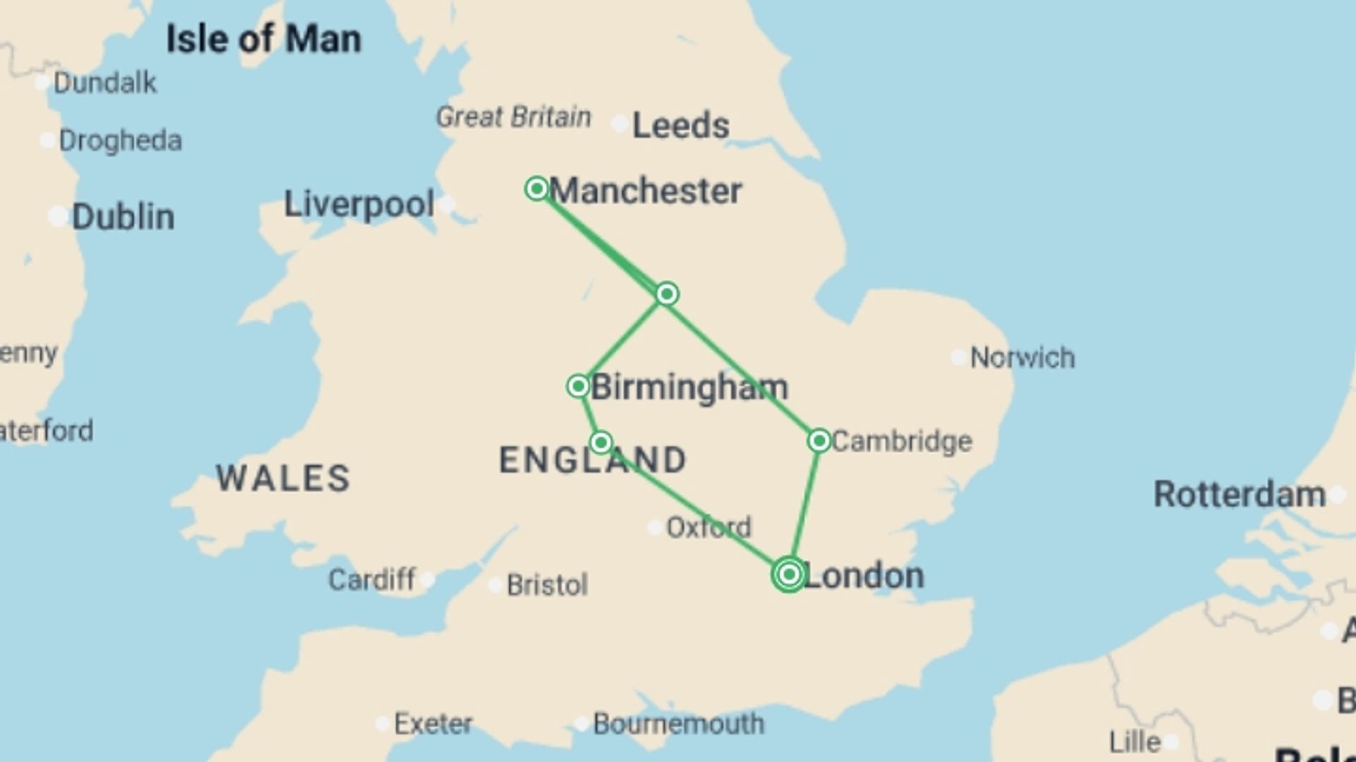A map showing the tour itinerary for the trip: English Adventure, starting in London, England and ending in London, England going through 5 other destinations.