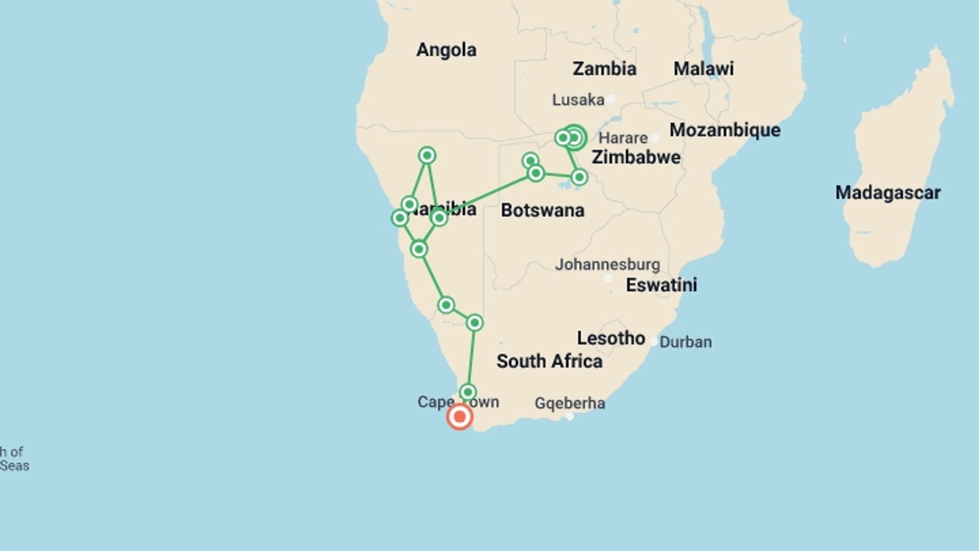 A map showing the tour itinerary for the trip: 19-day Victoria Falls to Cape Town Accommodated, starting in Livingstone, Zambia and ending in Cape Town, South Africa going through 15 other destinations.