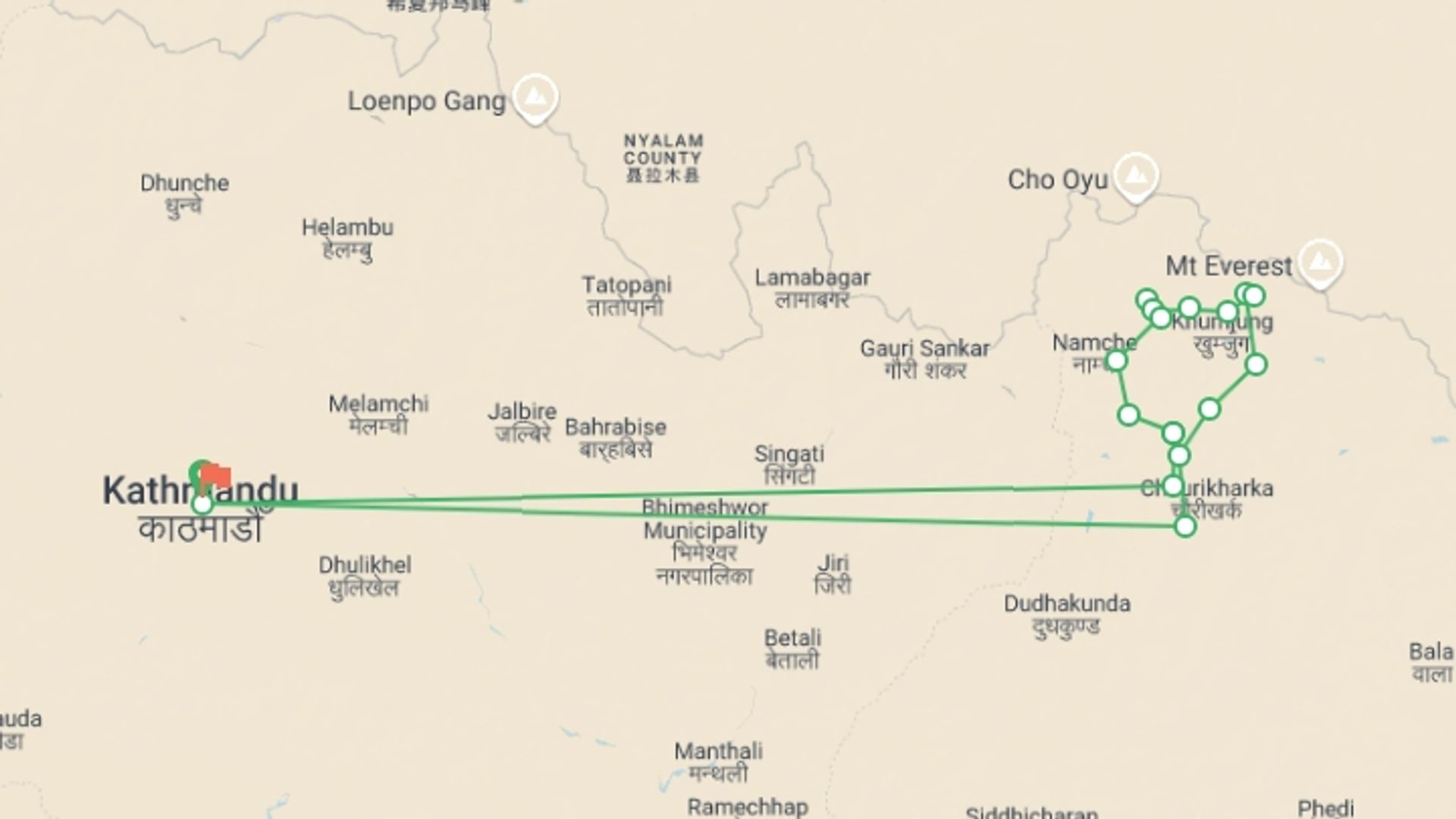 A map showing the tour itinerary for the trip: Everest Base Camp - 3 Passes Trek, starting in Kathmandu, Nepal and ending in Kathmandu, Nepal going through 16 other destinations.