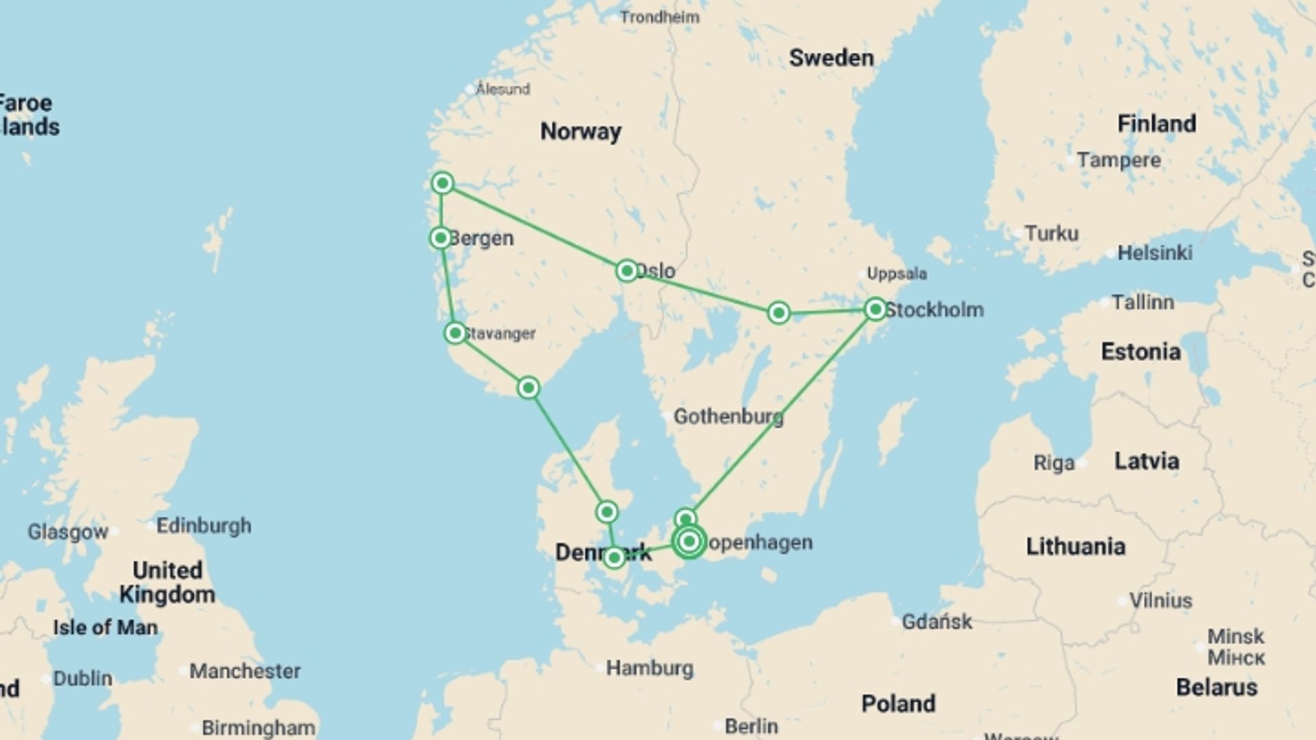 A map showing the tour itinerary for the trip: Great Scandinavia, starting in Copenhagen, Denmark and ending in Copenhagen, Denmark going through 5 other destinations.