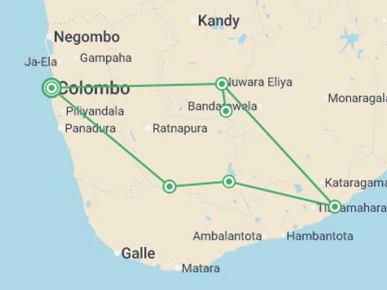 Map itinerary of Sri Lanka Tour in January 2027 with 5 destination visits for the trip: Birder's Paradise Sri Lanka, Private Tour
