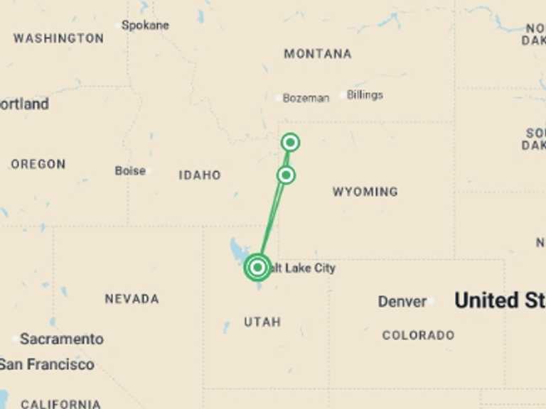 Map itinerary of USA Tour in Spring with 3 destination visits for the trip: Wild Grand Teton & Yellowstone - 8 days