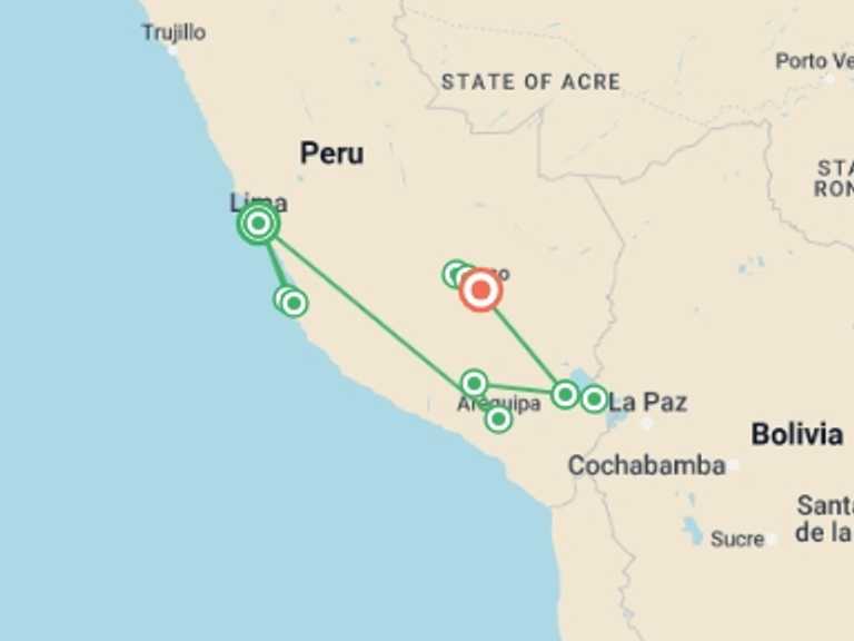 Map itinerary of Lima Tour in December 2026 with 7 destination visits for the trip: Wonderful Peruvian South, Private Tour