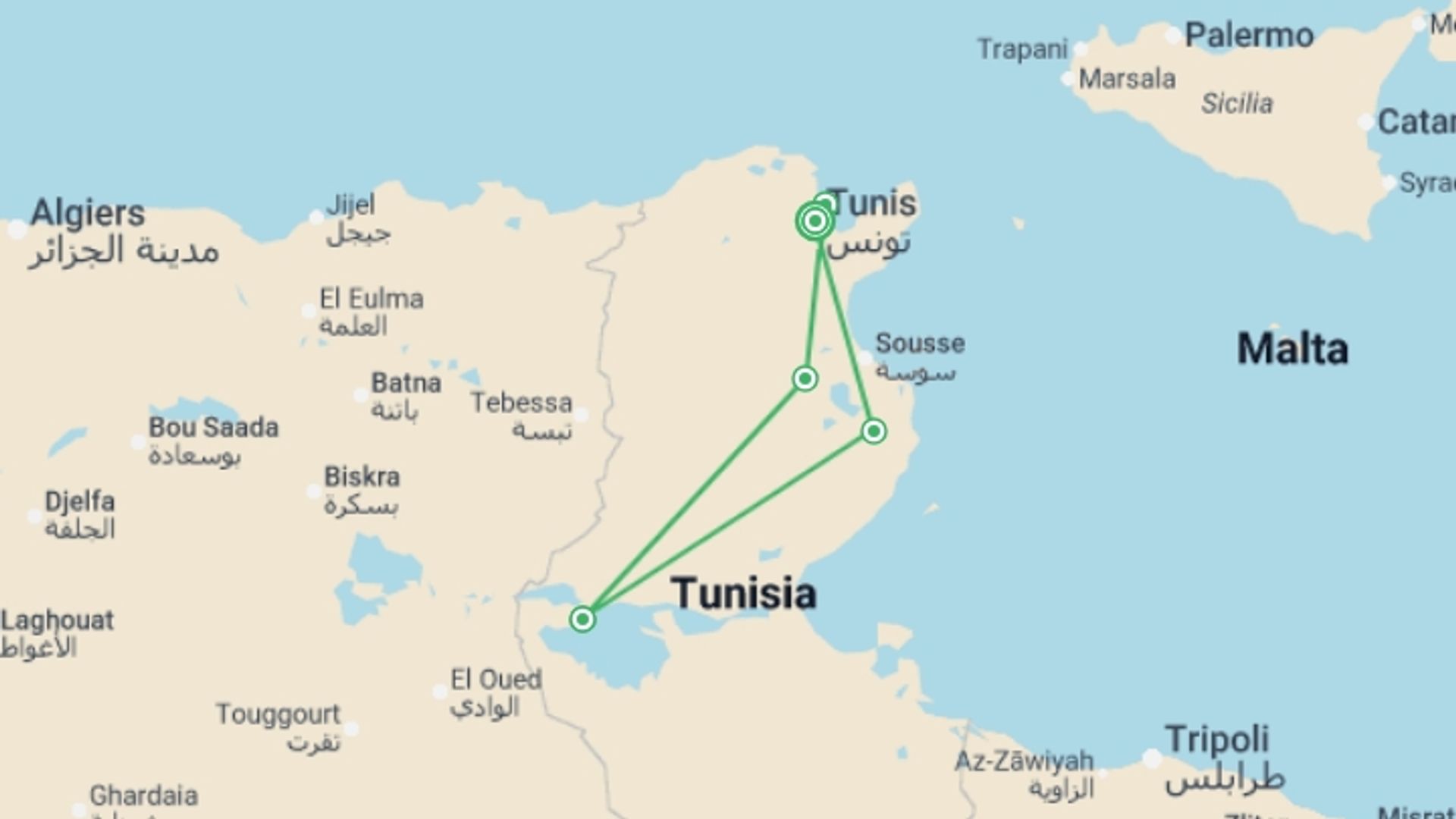A map showing the tour itinerary for the trip: Summer Tunisian Encounters, starting in Cape Town, South Africa and ending in Cape Town, South Africa going through 5 other destinations.