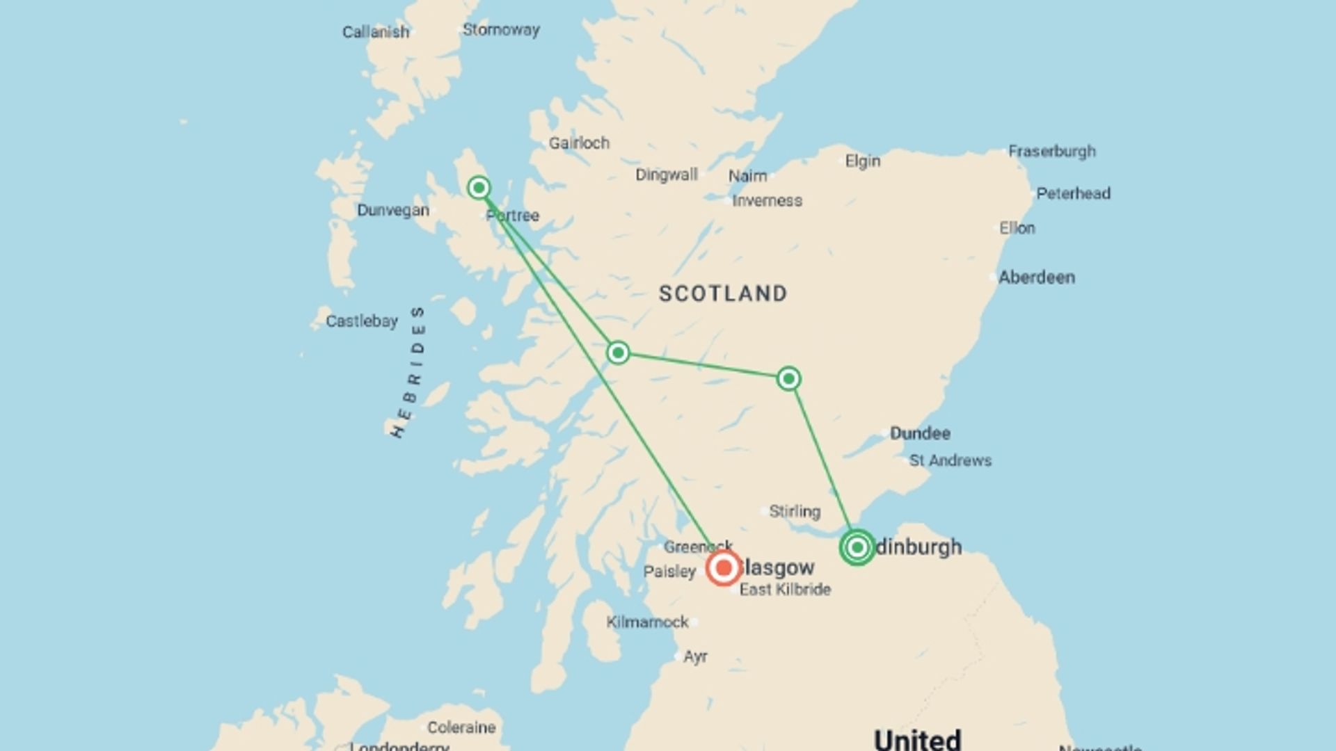 A map showing the tour itinerary for the trip: Journeys: Discover Scotland, starting in Edinburgh, Scotland and ending in Glasgow, Scotland going through 5 other destinations.