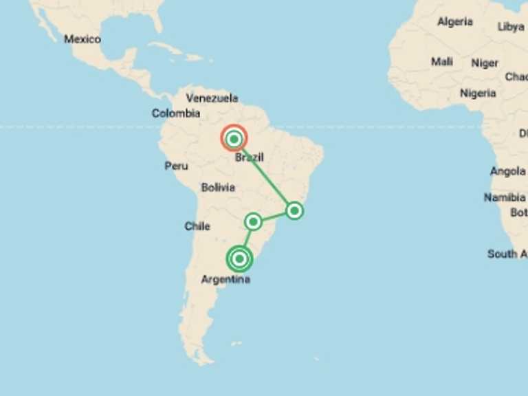Map itinerary of South America Tour in June 2026 with 6 destination visits for the trip: Buenos Aires to the Amazon - 15 days