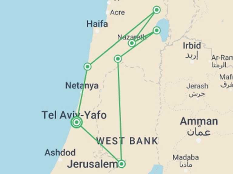 Map of Jerusalem Tour with 4 destination visits for the trip: Holyland Highlights, Portuguese-speaking Guide (monday)