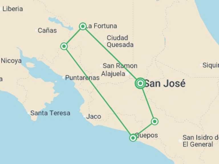 Map itinerary of Costa Rica Tour in April 2026 with 6 destination visits for the trip: Best of Costa Rica