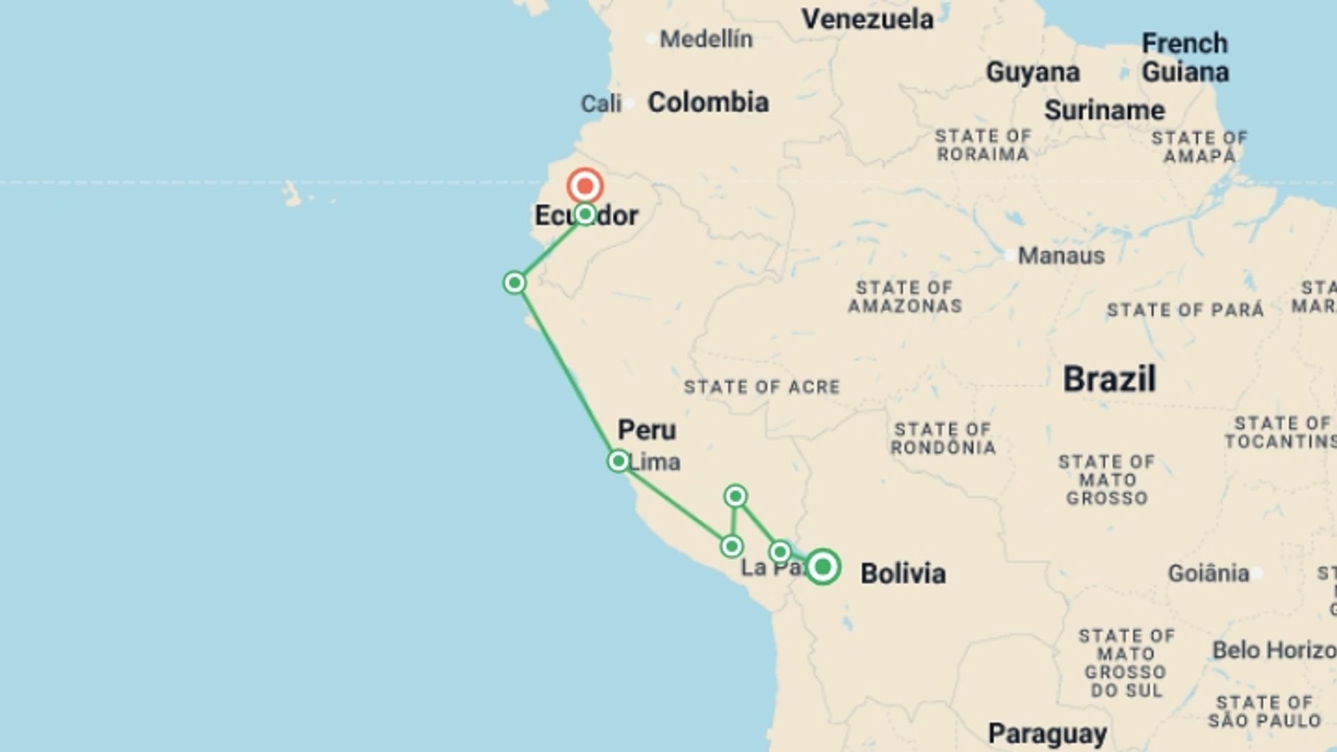 A map showing the tour itinerary for the trip: LA PAZ to QUITO (41 days) Andes & Amazon, starting in La Paz, Bolivia and ending in Quito, Ecuador going through 6 other destinations.