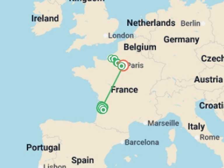 Map of 15-Day Europe Tour with 10 destination visits for the trip: A Portrait of Majestic France (2026)