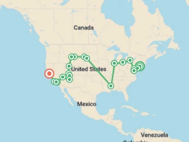 Map of Detroit Tour with 16 destination visits for the trip: New York to San Francisco - 20 days 