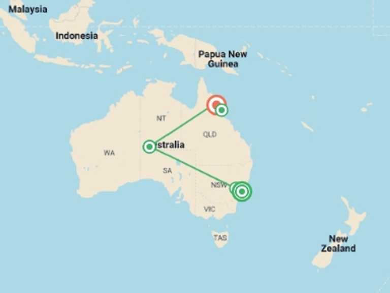 Map of Oceania Sightseeing Tour with 8 destination visits for the trip: Australia's Hidden Wonders