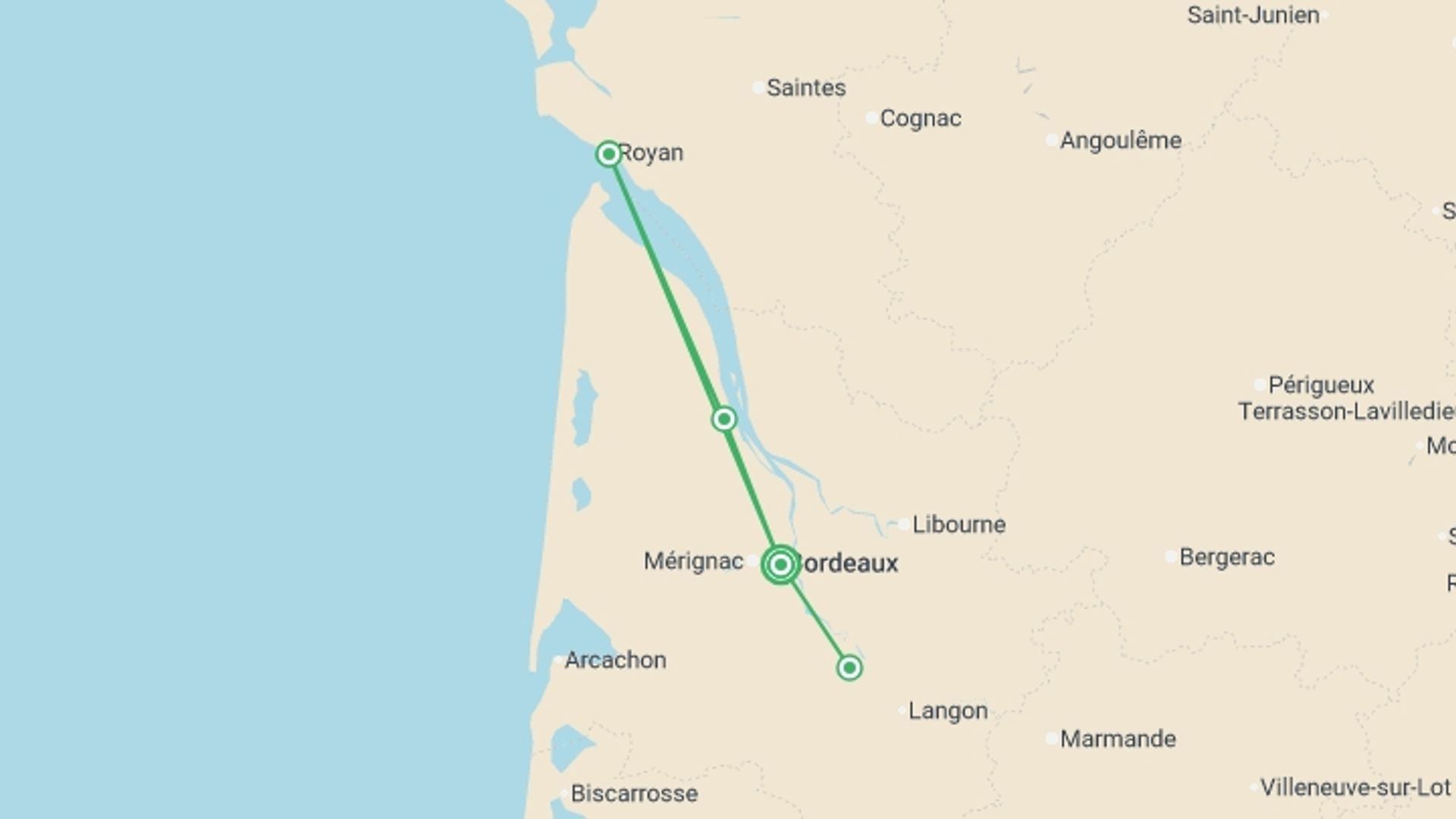 A map showing the tour itinerary for the trip: Cruise through the Aquitaine Region from Bordeaux to Royan, along the Gironde Estuary and the Garonne and Dordogne Rivers (port-to-port cruise), starting in Bordeaux, France and ending in Bordeaux, France going through 4 other destinations.