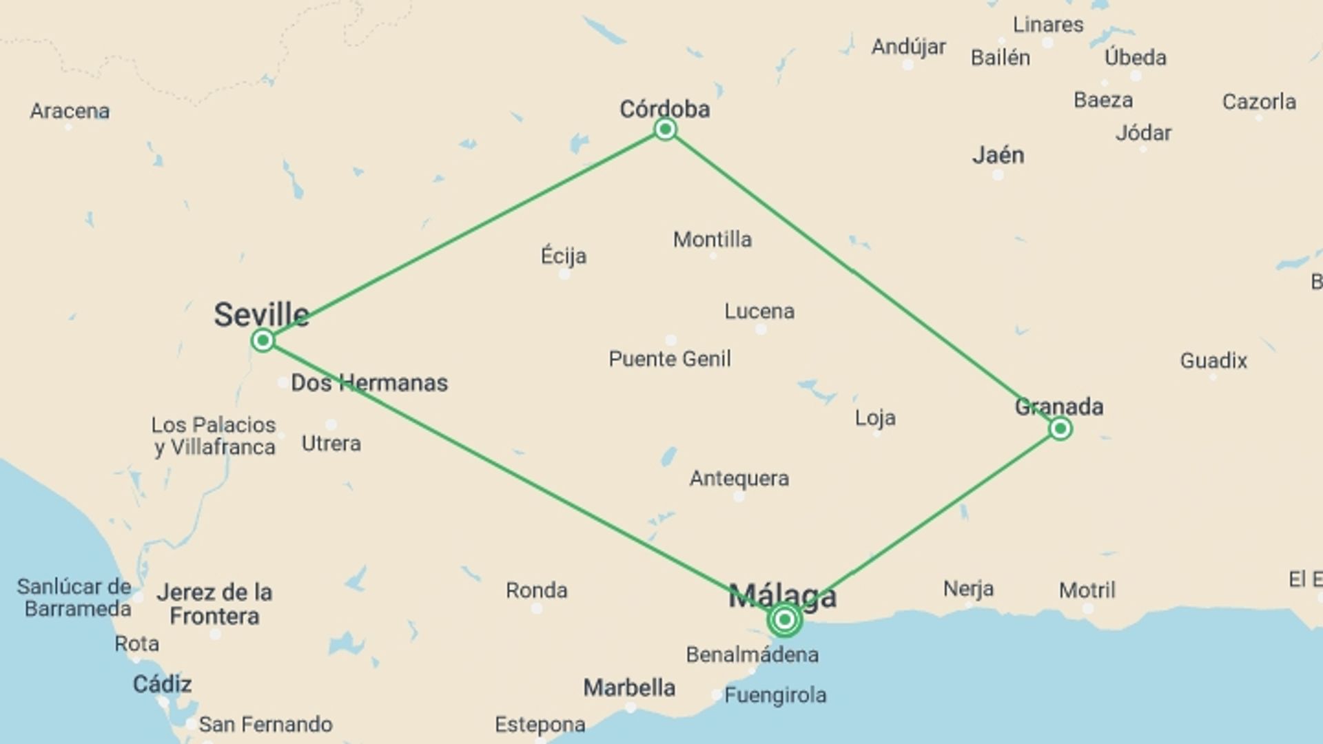 A map showing the tour itinerary for the trip: Andalusia Essentials, Self-drive, starting in Malaga, Spain and ending in Malaga, Spain going through 3 other destinations.