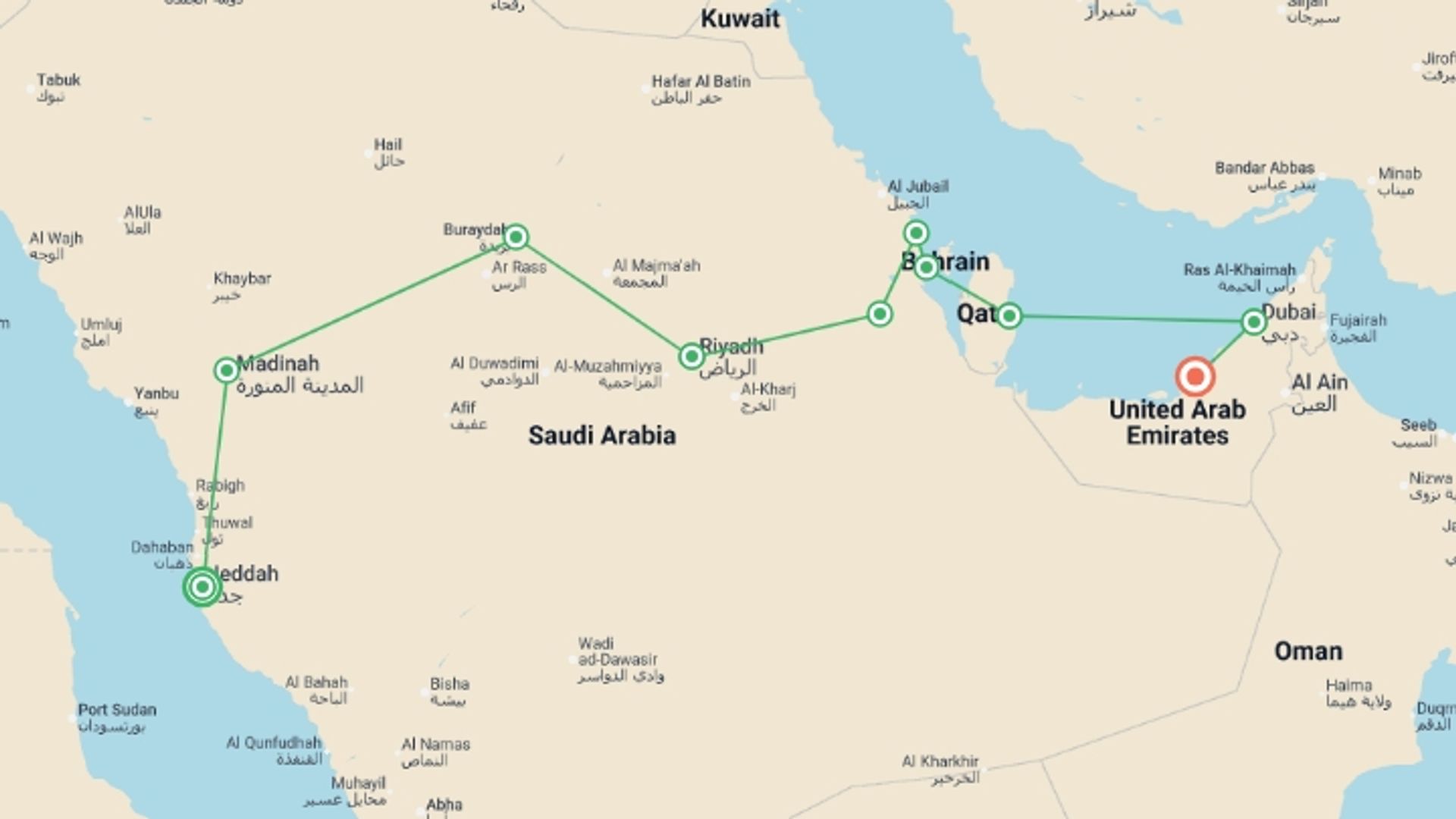 A map showing the tour itinerary for the trip: Saudi Arabia with Bahrain, Qatar and Emirates end Abu Dhabi, starting in Jeddah, Saudi Arabia and ending in Abu Dhabi, UAE going through 8 other destinations.