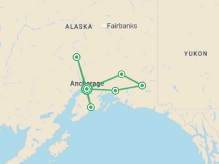 Map itinerary of North America Tour in Summer with 6 destination visits for the trip: Ultimate Active Alaska