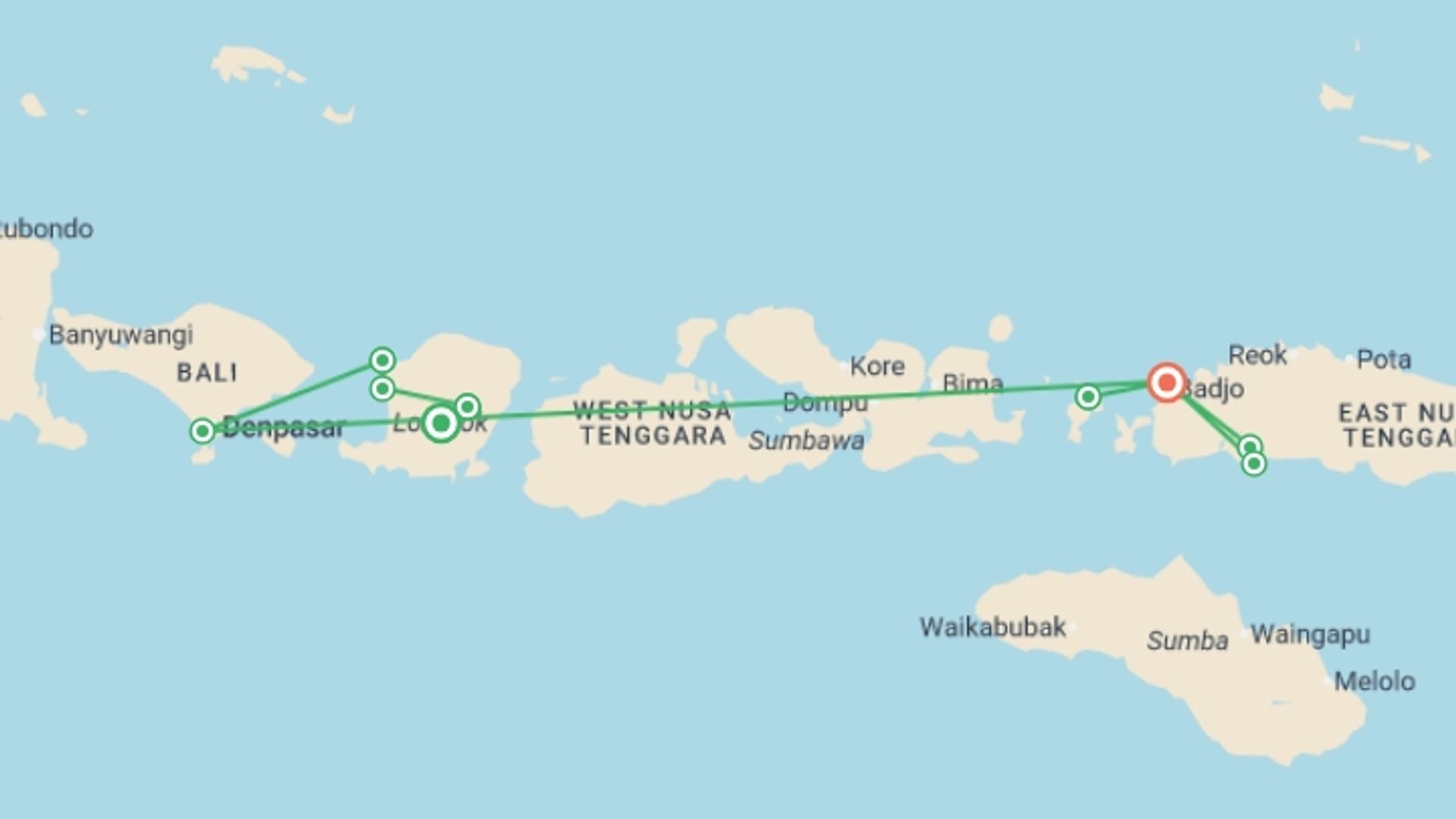 A map showing the tour itinerary for the trip: Lombok to Flores: The Hidden Path, starting in Tempasan, Indonesia and ending in Labuan Bajo, Indonesia going through 7 other destinations.