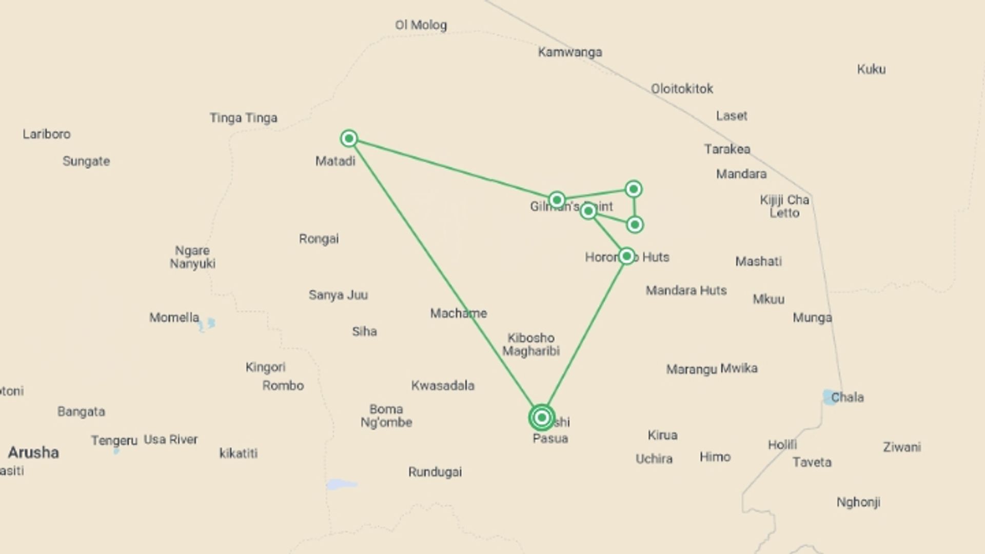 A map showing the tour itinerary for the trip: Kilimanjaro - Rongai Trek, starting in Moshi, Tanzania and ending in Moshi, Tanzania going through 6 other destinations.