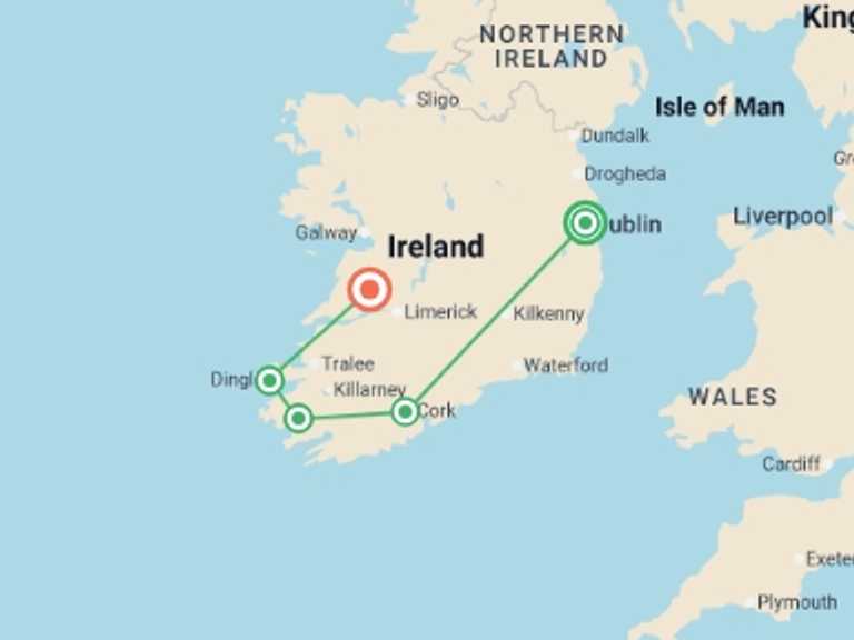 Map of Ireland Explorer Tour with 5 destination visits for the trip: Ireland: Coastal Hikes, The Beara Peninsula & Killarney National Park