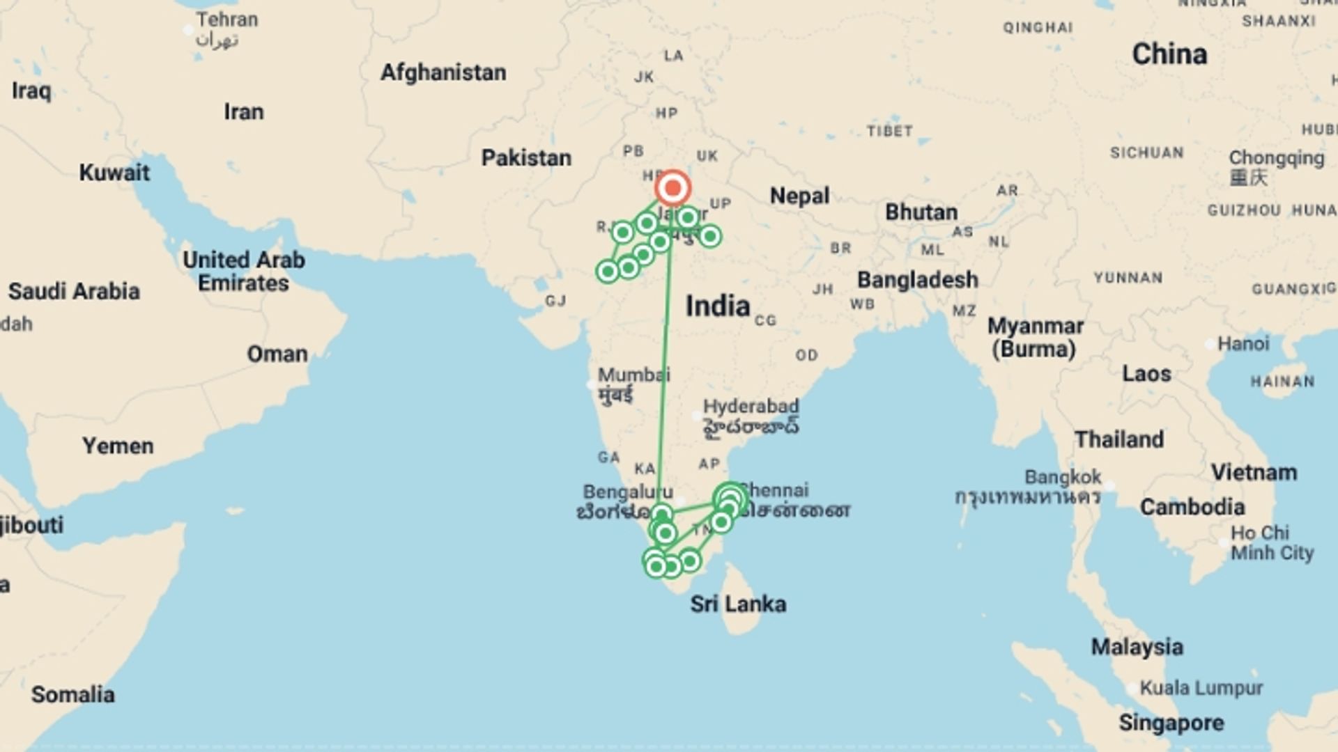 A map showing the tour itinerary for the trip: India South & North, starting in Chennai, India and ending in New Delhi, India going through 18 other destinations.