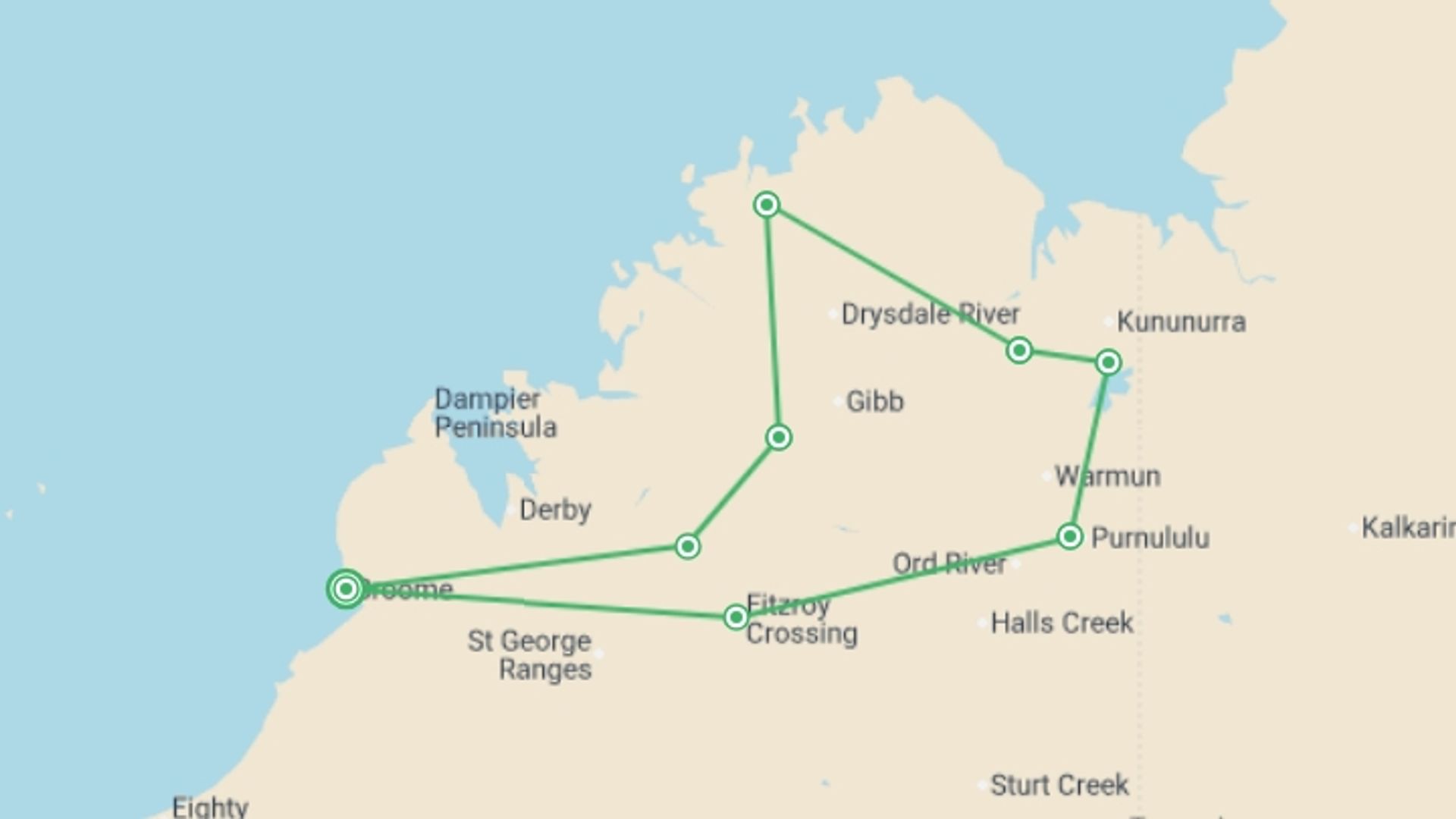 A map showing the tour itinerary for the trip: Kimberley Trail, starting in Broome, Australia and ending in Broome, Australia going through 7 other destinations.