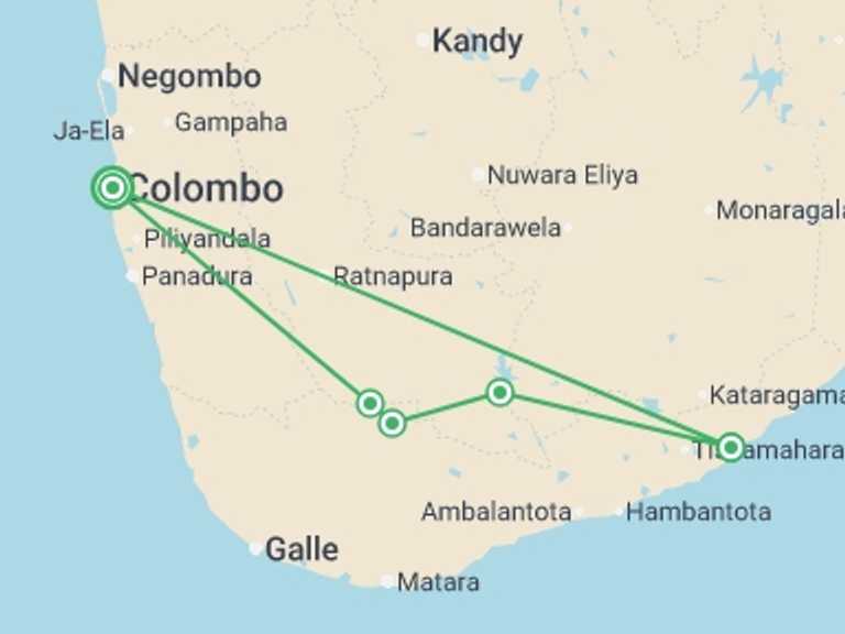 Map itinerary of Sri Lanka Tour in November 2026 with 5 destination visits for the trip: Leopards And Endemic Birds Of Sri Lanka, Private Tour