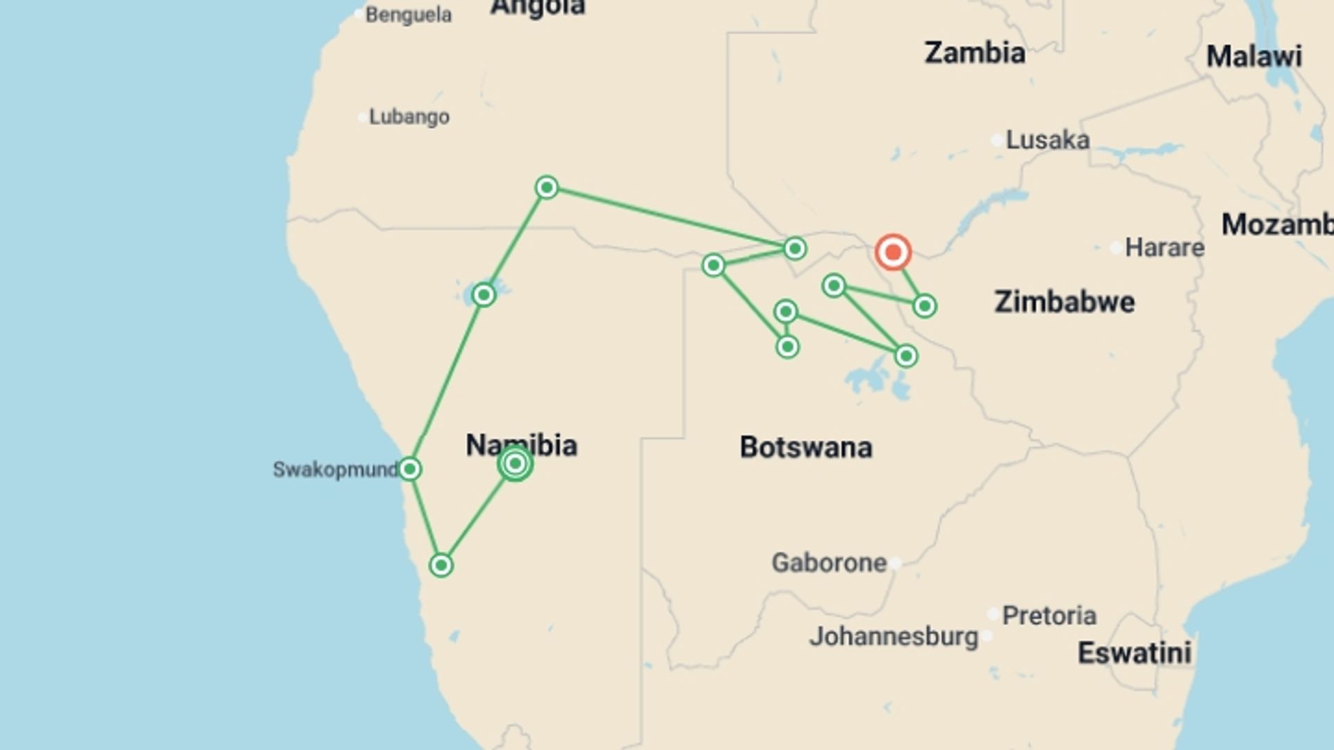A map showing the tour itinerary for the trip: Highlights of Namibia, Botswana and Zimbabwe, starting in Windhoek, Namibia and ending in Victoria Falls, Zimbabwe going through 11 other destinations.