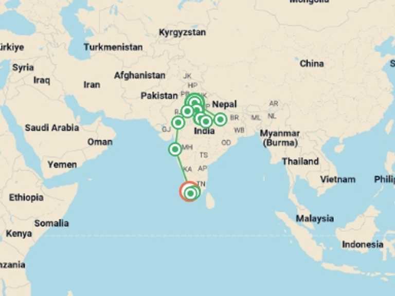 Map of Udaipur City sightseeing Tour with 12 destination visits for the trip: Discover India from North to South
