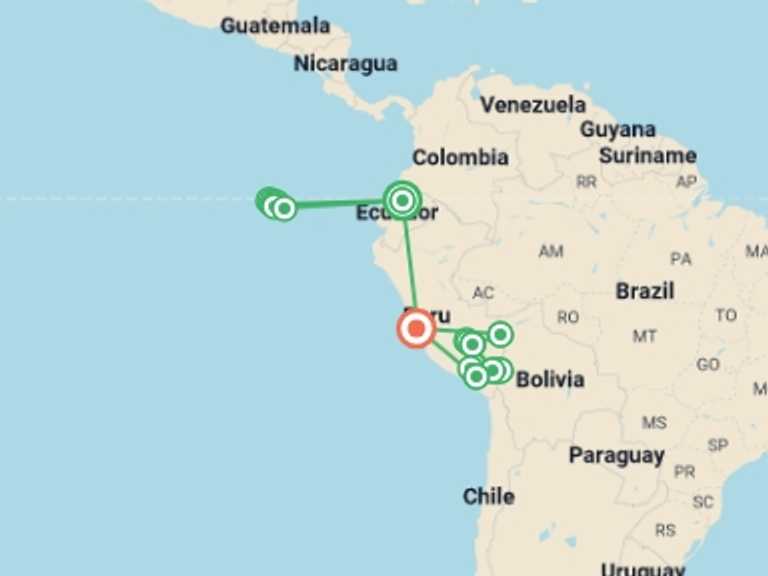 Map of a Wildlife Tour with 16 destination visits for the trip: Galapagos Cruise & Peru in Depth (Grand Queen Beatriz)