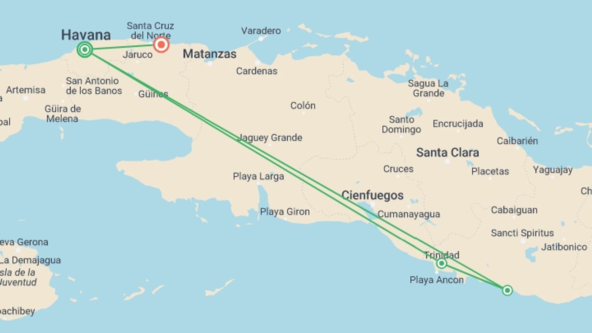 A map showing the tour itinerary for the trip: Best of Western Cuba + Beach Extension, starting in Havana, Cuba and ending in Playa Jibacoa, Cuba going through 2 other destinations.
