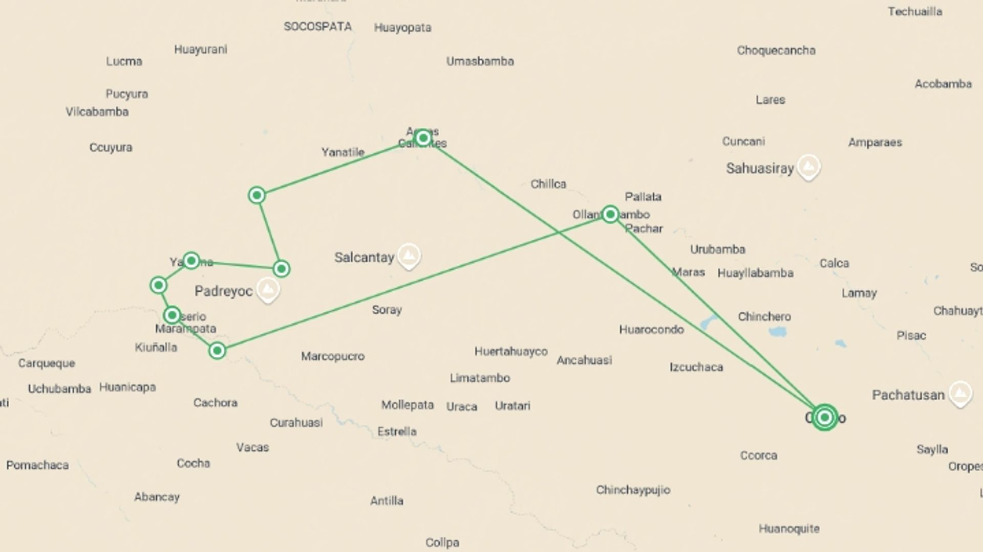 A map showing the tour itinerary for the trip: Inca Rivers Trek - Choquequirao to Machu Picchu, starting in Cusco, Peru and ending in Cusco, Peru going through 9 other destinations.